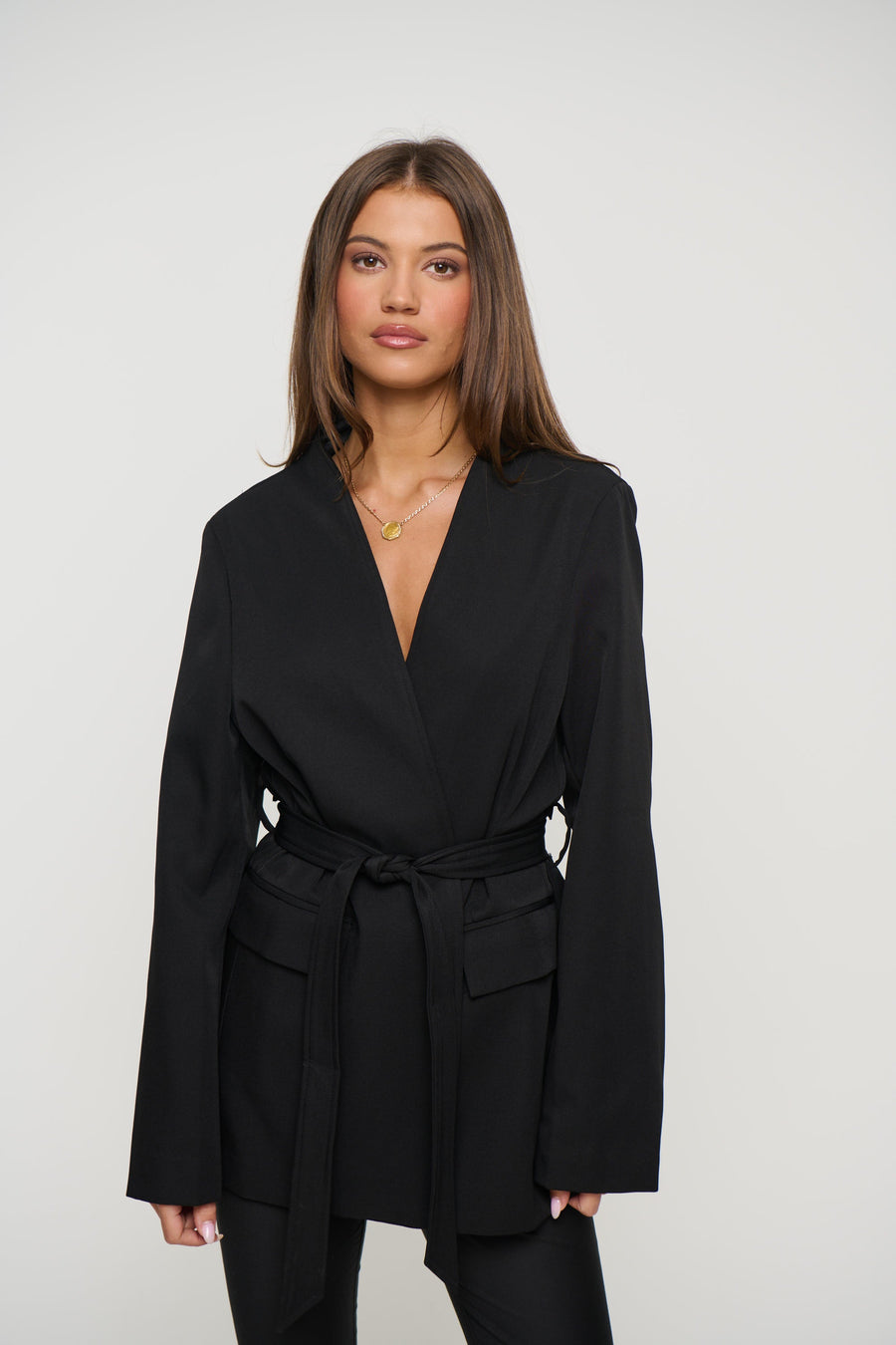 Alysha Black Collarless Waist-Belt Blazer