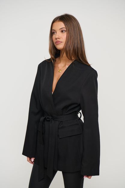 Alysha Black Collarless Waist-Belt Blazer