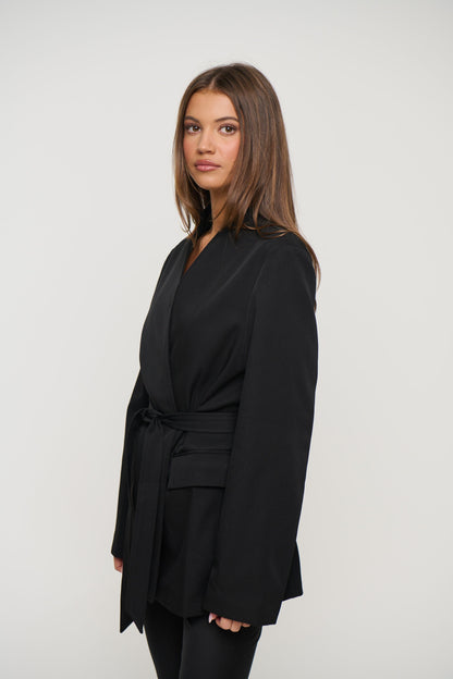 Alysha Black Collarless Waist-Belt Blazer