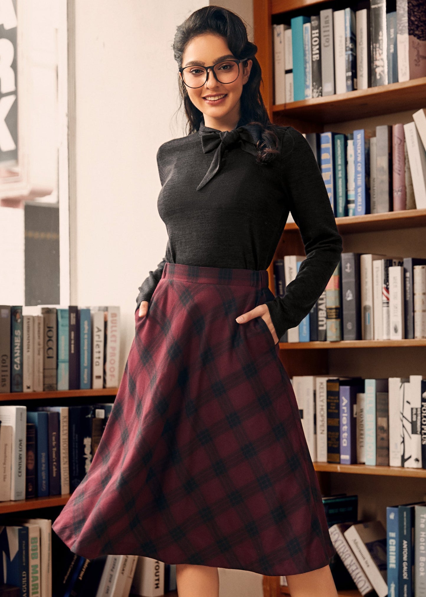 Golden Hour Plaid Cotton Midi Skirt with Elastic Waist and Pockets