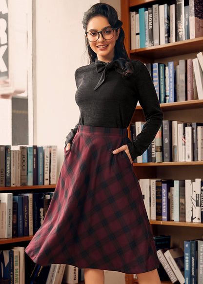 Golden Hour Plaid Cotton Midi Skirt with Elastic Waist and Pockets