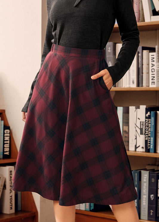 Golden Hour Plaid Cotton Midi Skirt with Elastic Waist and Pockets