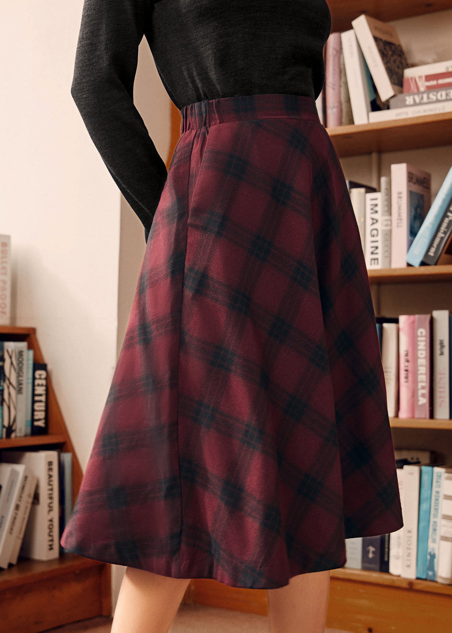 Golden Hour Plaid Cotton Midi Skirt with Elastic Waist and Pockets