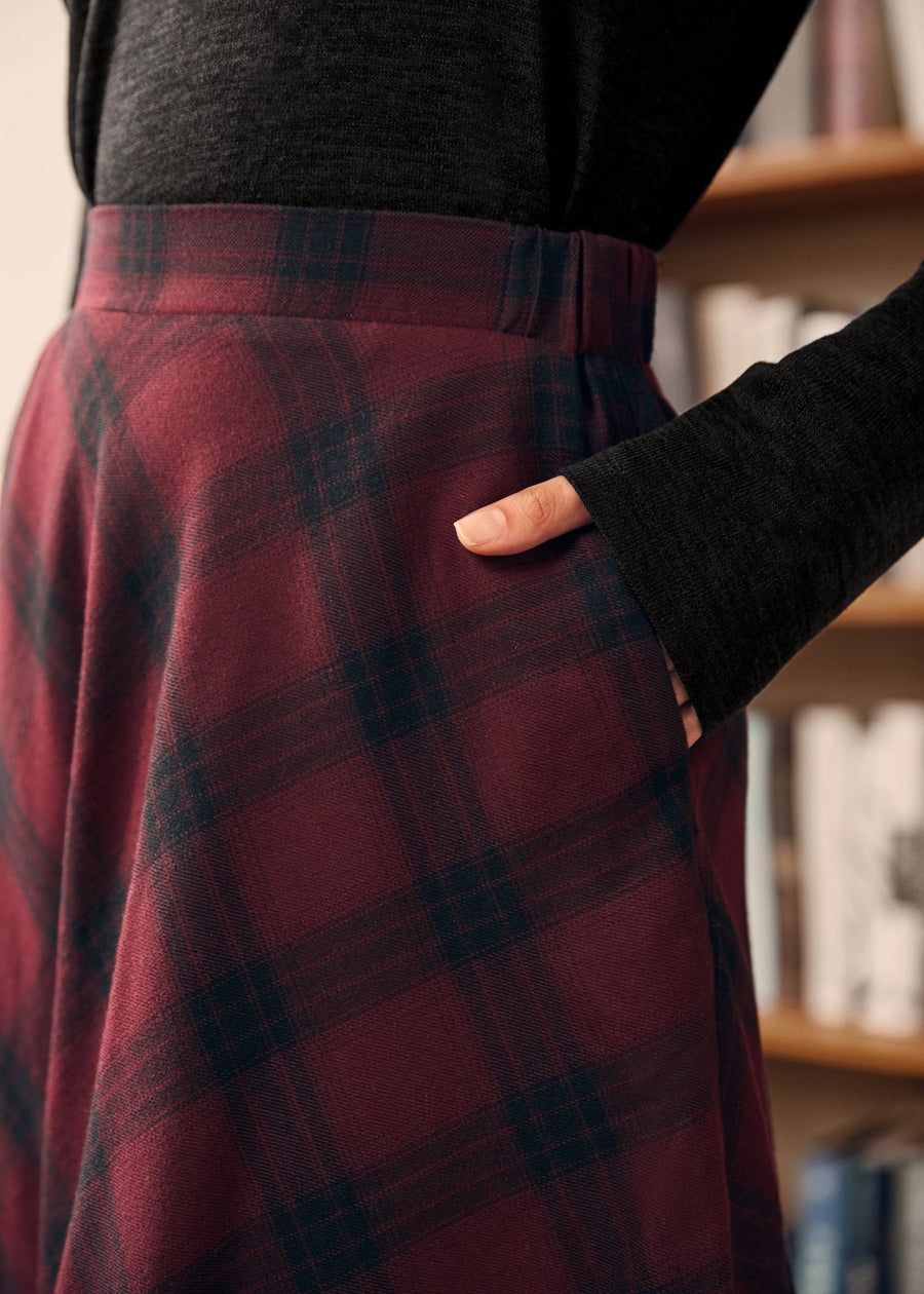 Golden Hour Plaid Cotton Midi Skirt with Elastic Waist and Pockets