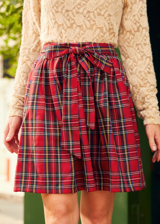 Cherry Checker Plaid Bow Detail Dirndl Skirt with Pockets