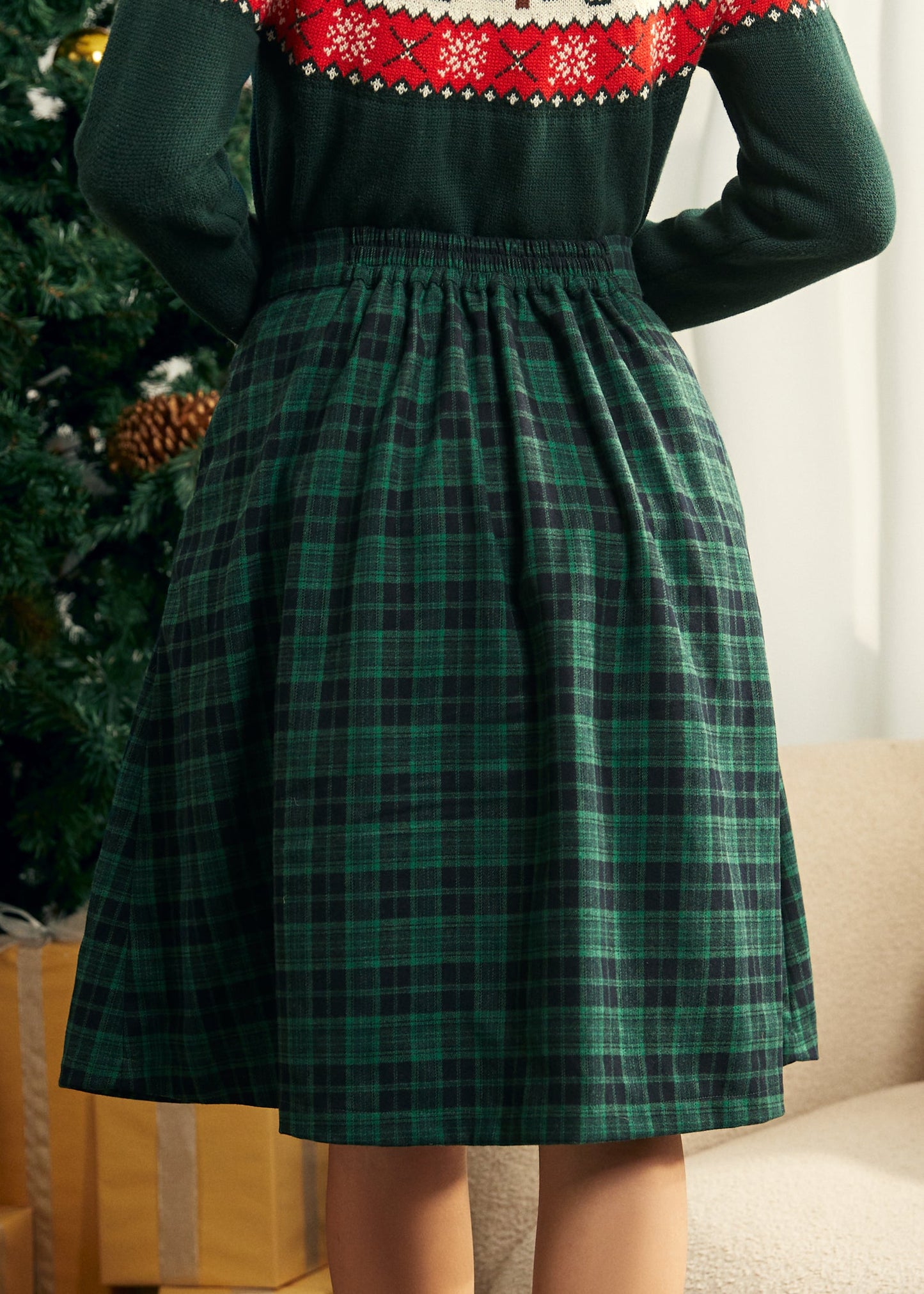 Green Plaid Button-Detail Midi Skirt with Pockets