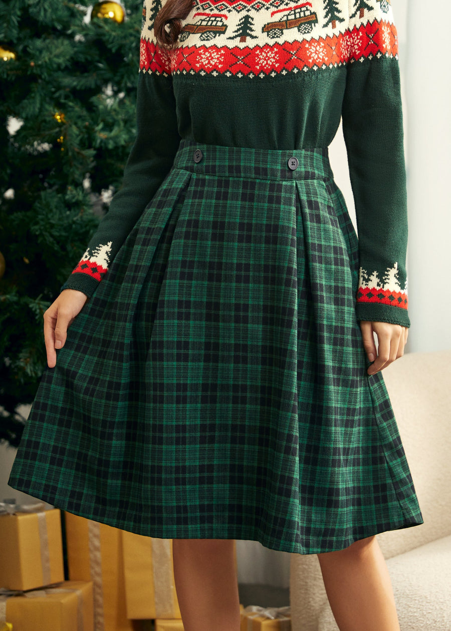 Green Plaid Button-Detail Midi Skirt with Pockets