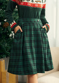 Green Plaid Button-Detail Midi Skirt with Pockets