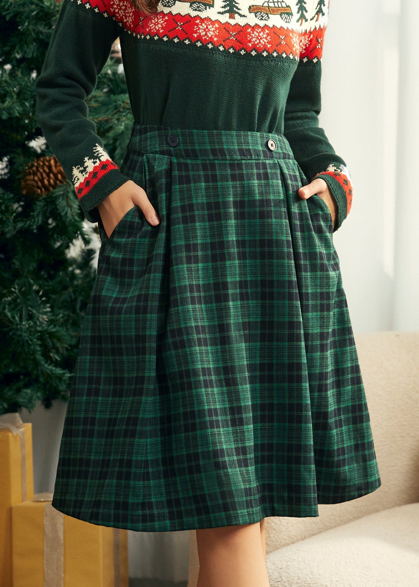 Green Plaid Button-Detail Midi Skirt with Pockets