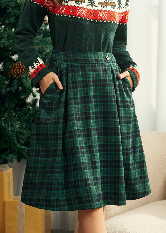 Green Plaid Button-Detail Midi Skirt with Pockets