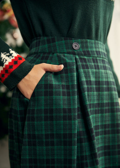 Green Plaid Button-Detail Midi Skirt with Pockets