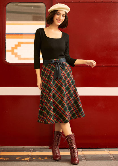 Festive Plaid A-Line Skirt with Satin Waist Tie