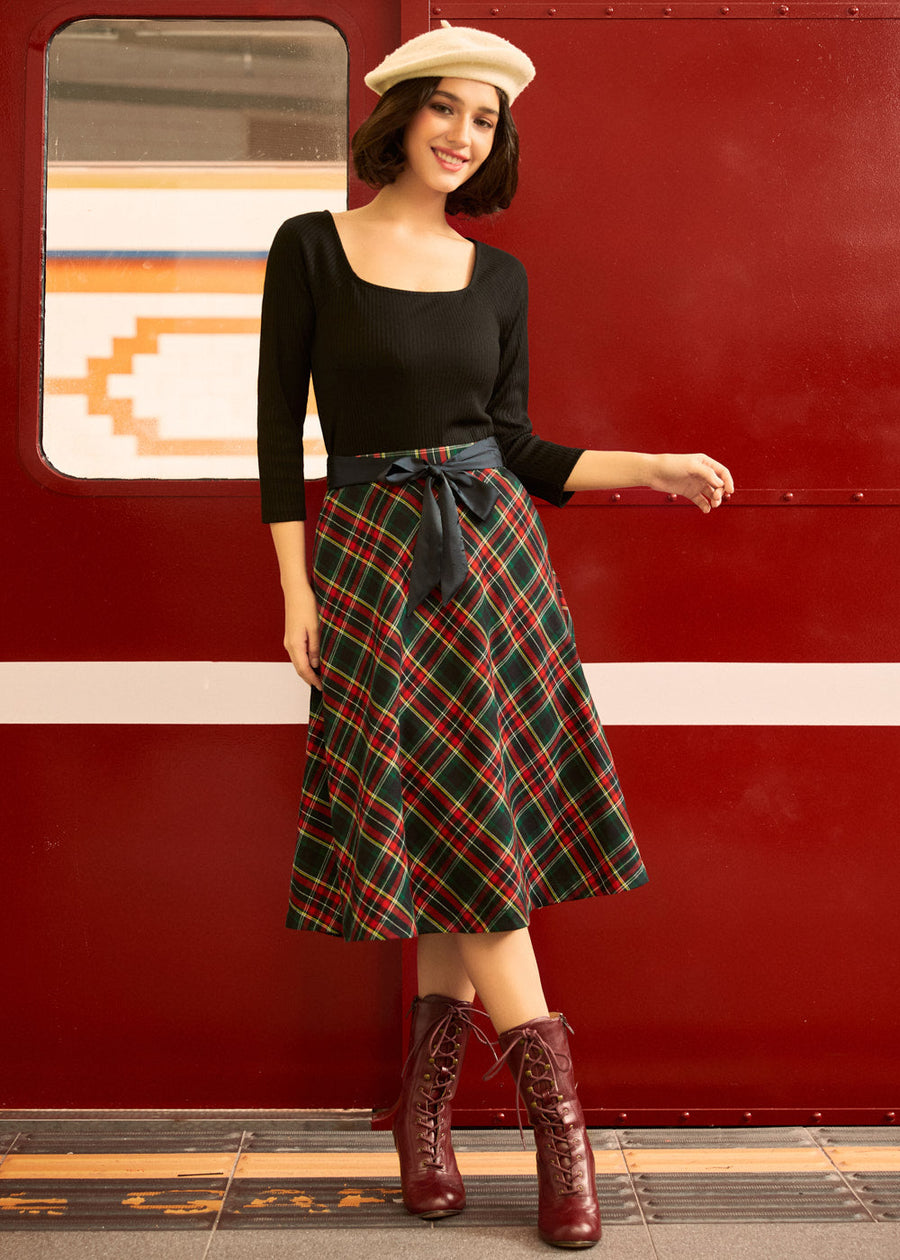 Festive Plaid A-Line Skirt with Satin Waist Tie