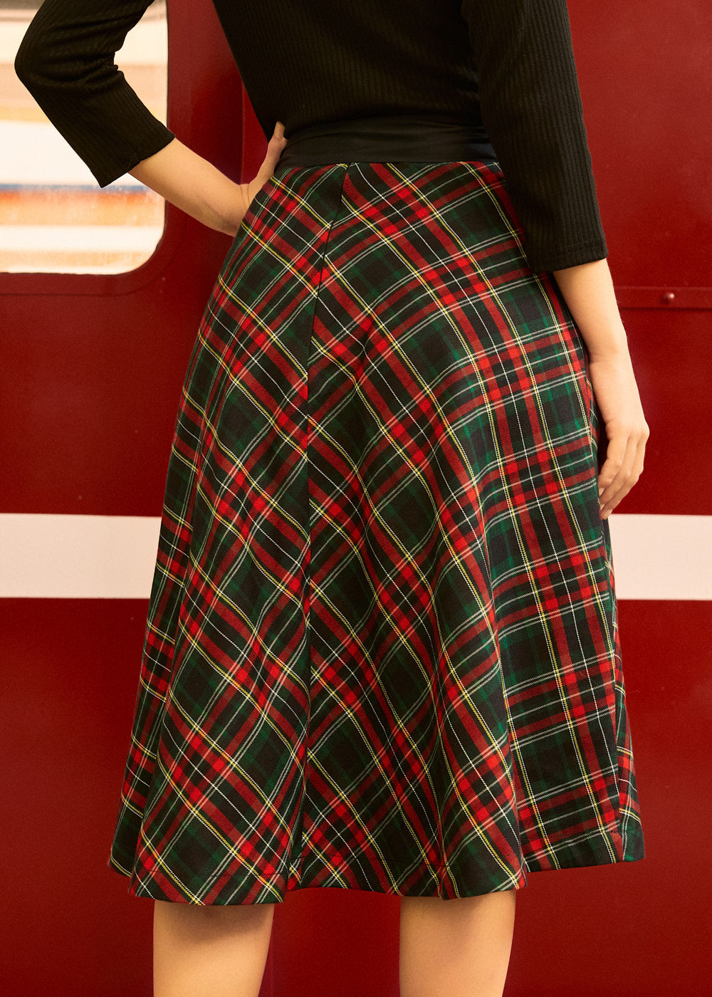 Festive Plaid A-Line Skirt with Satin Waist Tie