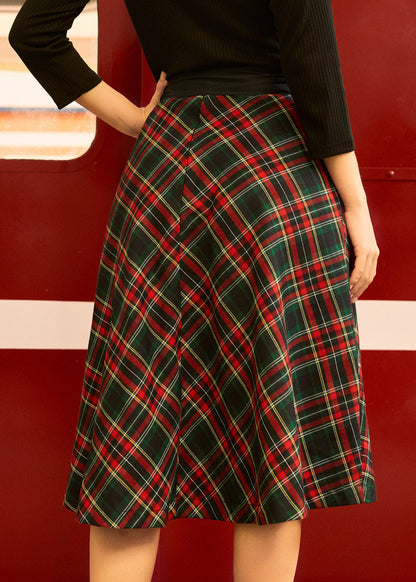 Festive Plaid A-Line Skirt with Satin Waist Tie