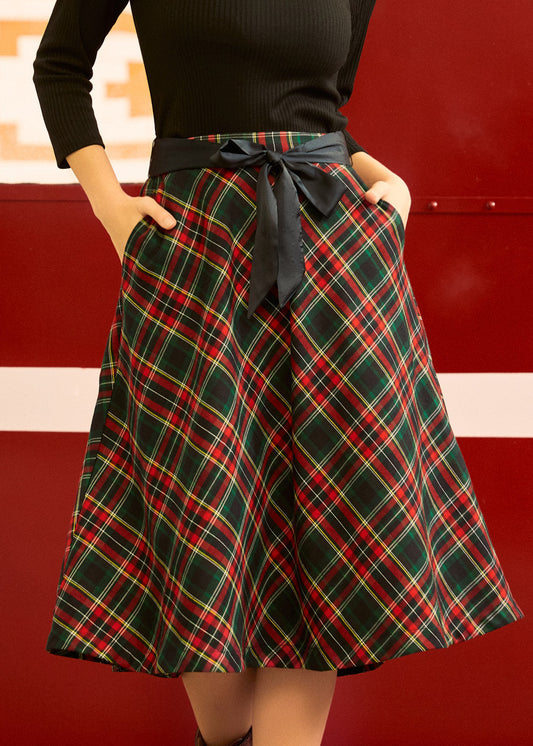 Festive Plaid A-Line Skirt with Satin Waist Tie
