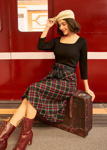 Festive Plaid A-Line Skirt with Satin Waist Tie