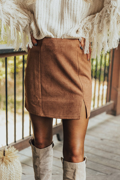 Brown V-Notch Faux Suede Mini Skirt