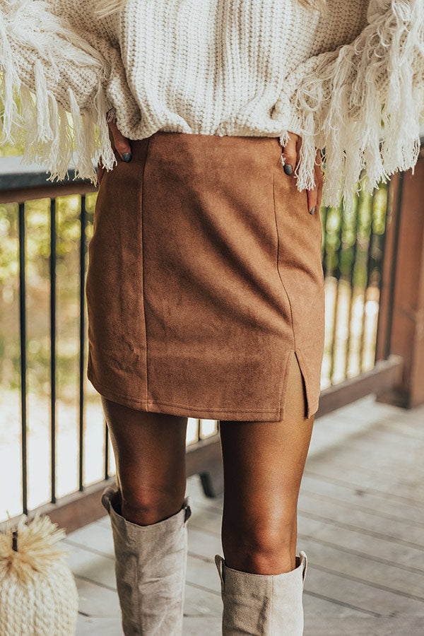 Brown V-Notch Faux Suede Mini Skirt