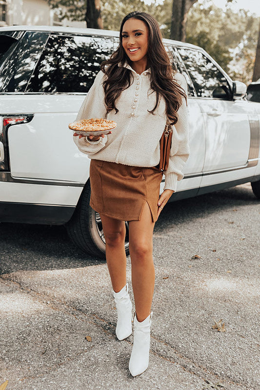 Brown V-Notch Faux Suede Mini Skirt