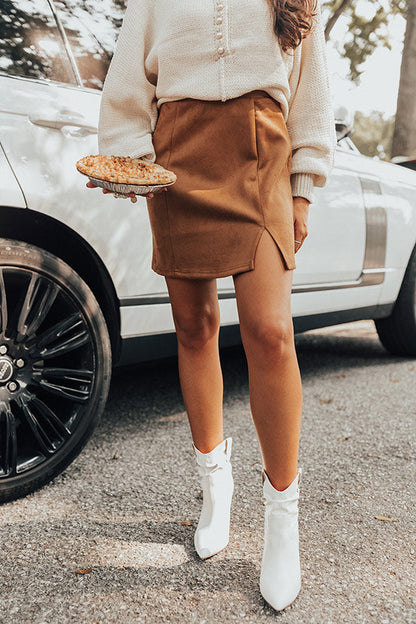 Brown V-Notch Faux Suede Mini Skirt