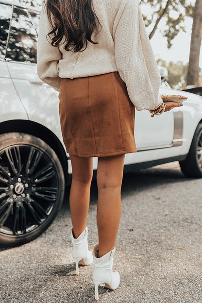 Brown V-Notch Faux Suede Mini Skirt