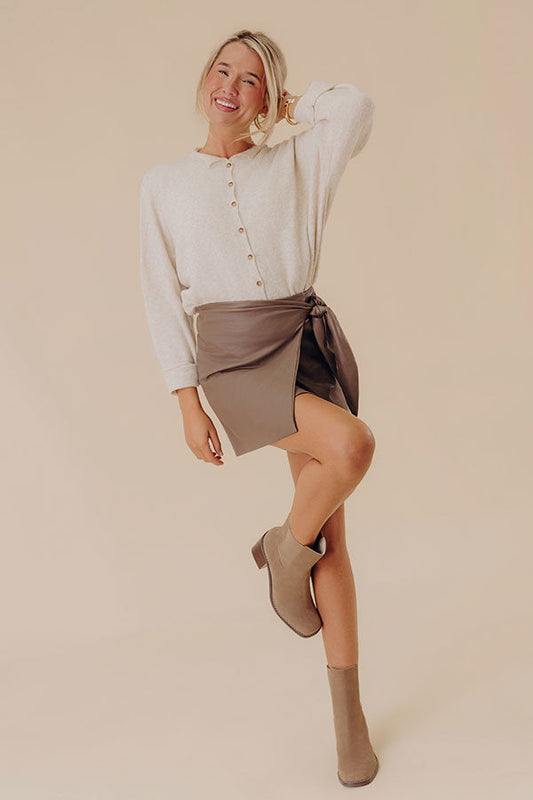 Black Elastic Waist Faux Leather Wrap Skirt