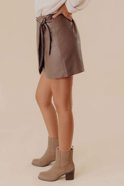 Black Elastic Waist Faux Leather Wrap Skirt