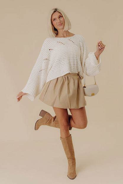 Beige High Waist Bubble Hem Faux Leather Mini Skirt