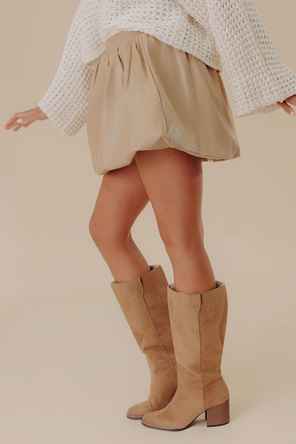 Beige High Waist Bubble Hem Faux Leather Mini Skirt