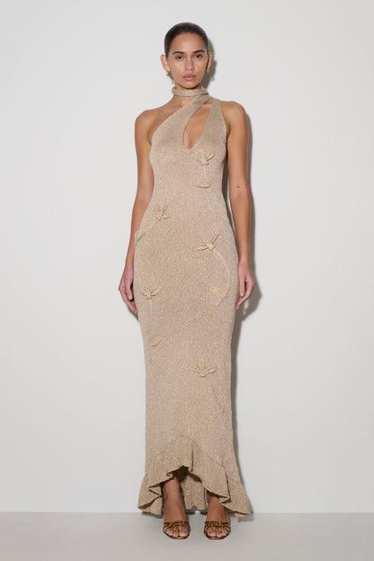 Alexandra Gold Floral Metallic One-Shoulder Maxi Dress