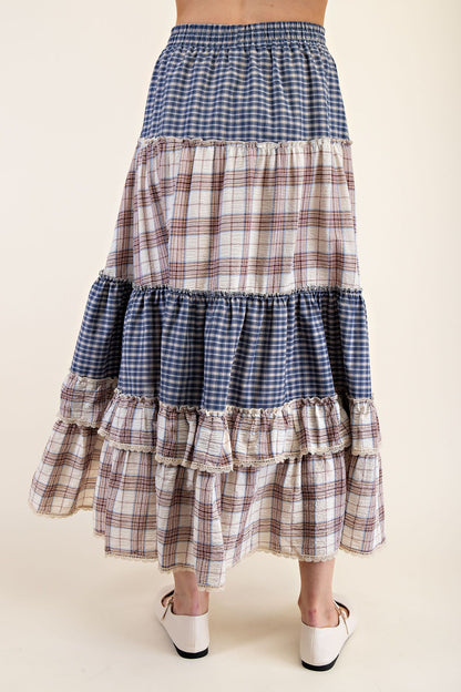Vintage Plaid Crochet Ruffle Maxi Skirt with Adjustable Waistband