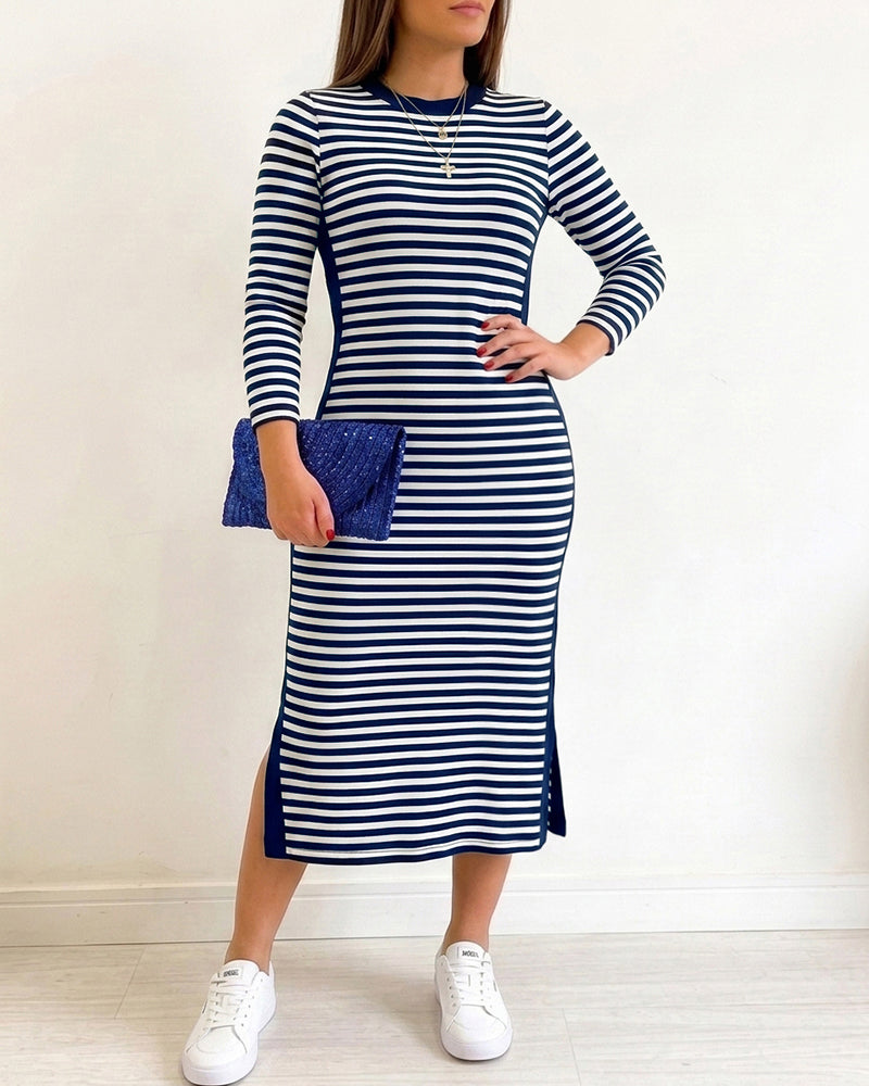 Sophia Navy Striped Midi Dress with Contrast Panels and Pockets