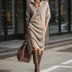 Carmen | Solid Color High Collar Knit Midi Dress with Decorative Buttons - Khaki