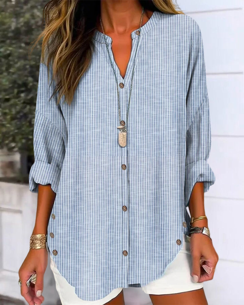 Luvrefashion | Betty Chic Loose Fit Long Sleeve Button Up Blouse in Blue - detail view