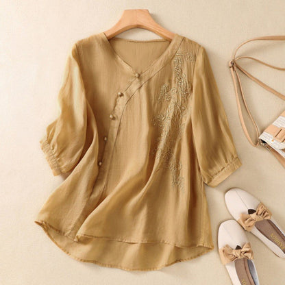 Sue Stylish Asymmetrical Button Down Tunic in Red - back view