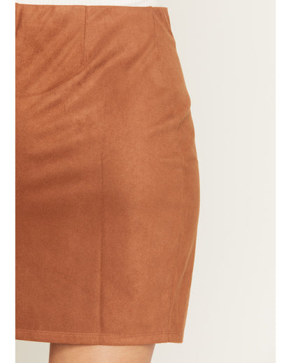 Brown Faux Suede Concho Button Mini Skirt with Elastic Waistband