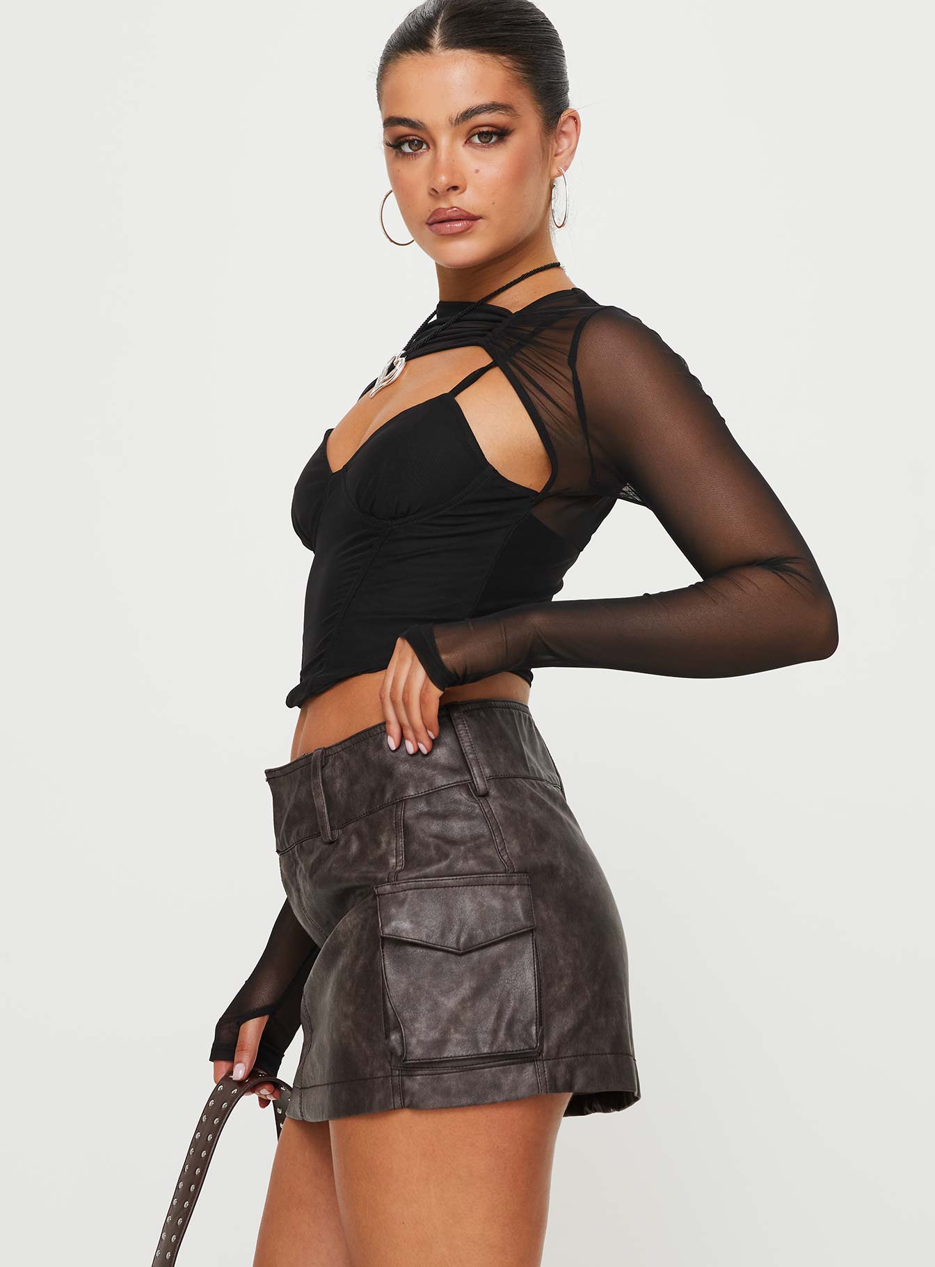 Washed Black Cargo Faux Leather Mini Skirt with Belt Loops