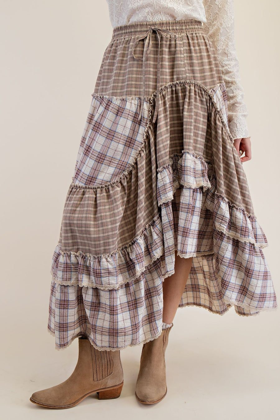 Vintage Plaid Crochet Ruffle Maxi Skirt with Adjustable Waistband