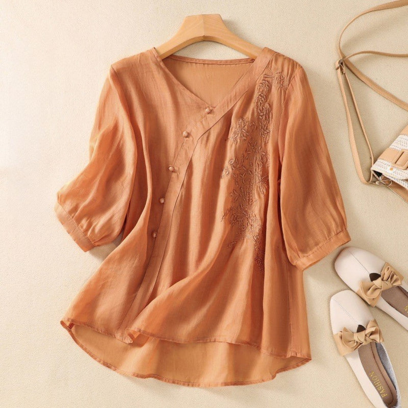 Sue Stylish Asymmetrical Button Down Tunic in Red - side view