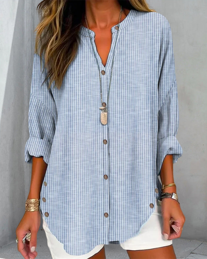 Betty Chic Loose Fit Long Sleeve Button Up Blouse in Blue - styled look