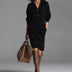 Carmen | Solid Color High Collar Knit Midi Dress with Decorative Buttons - Black