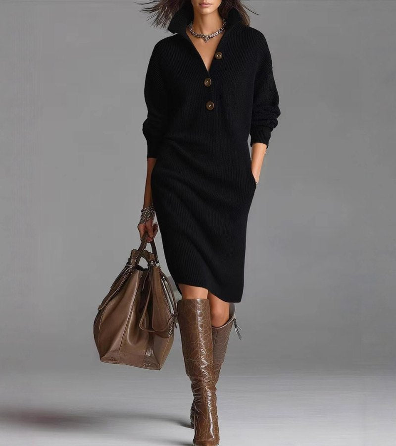 Carmen | Solid Color High Collar Knit Midi Dress with Decorative Buttons
