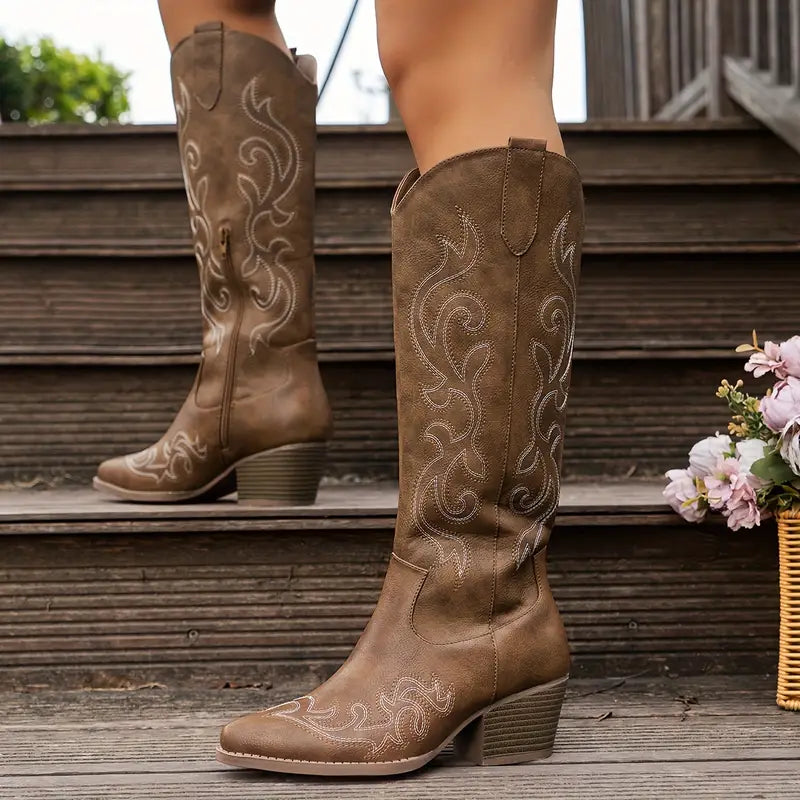 Emma Embroidered Knee High Cowboy Boots in Brown - front view