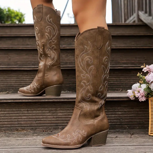 Emma Embroidered Knee High Cowboy Boots in Brown - front view