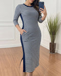 Sophia Striped Contrast Panel Midi Dress with Pockets