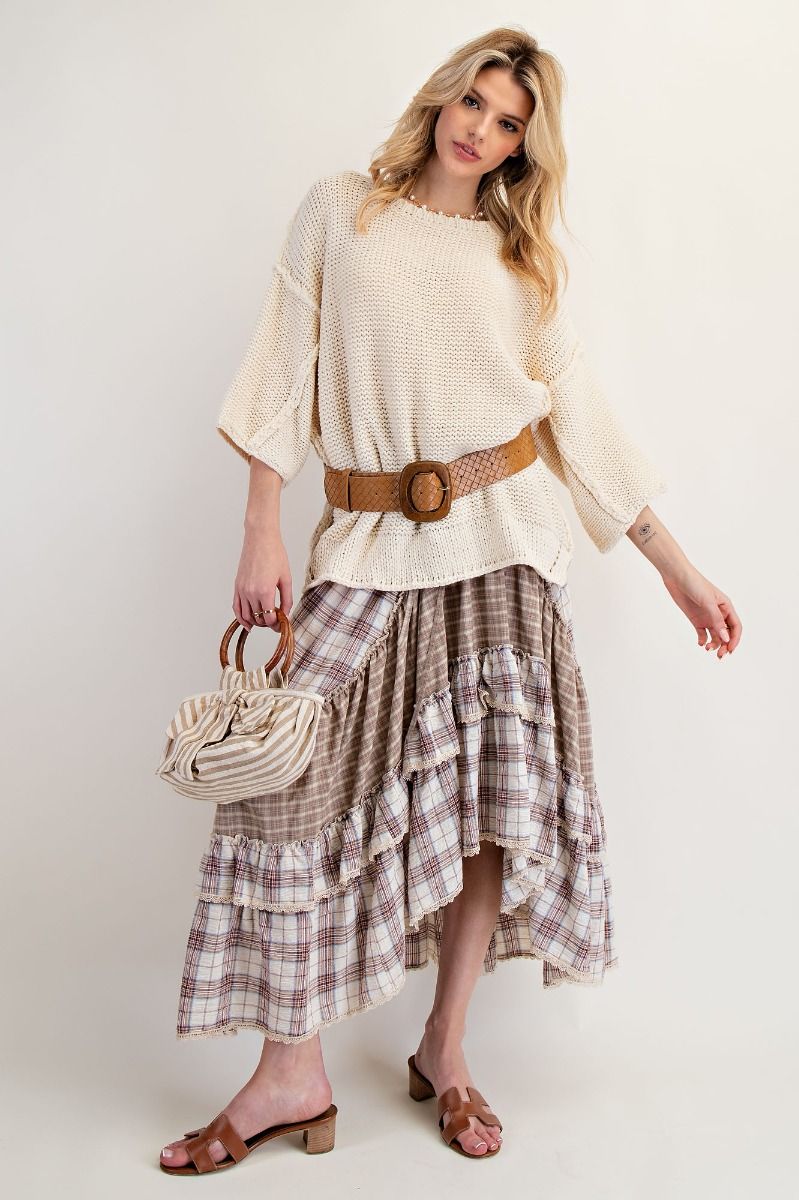 Vintage Plaid Crochet Ruffle Maxi Skirt with Adjustable Waistband