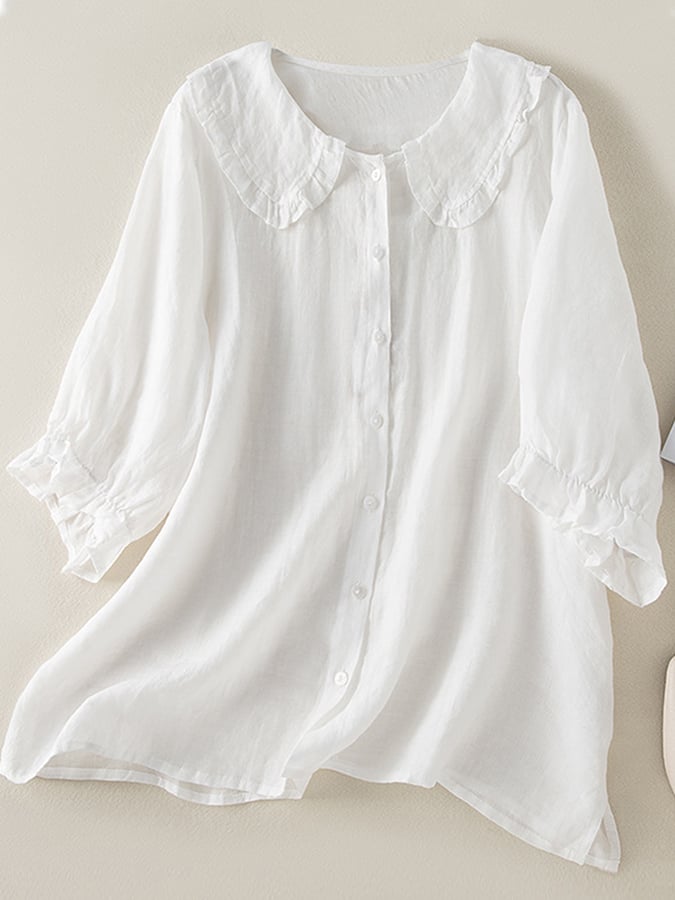 Luvrefashion | Lillian Fashionable Cotton Shirt with Loose Ruffled Neck in Blue - side view