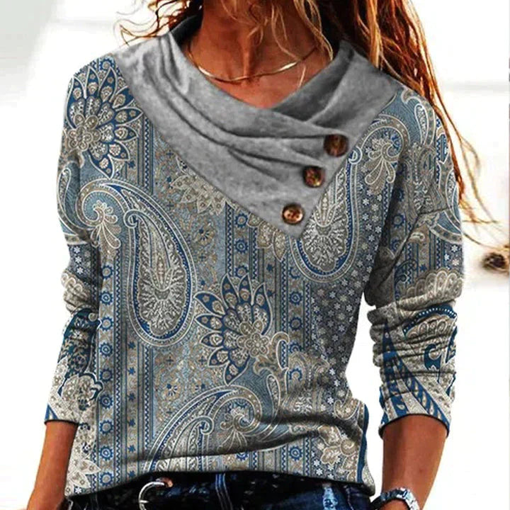 Luvrefashion | Gina Printed Cowl Neck Long Sleeve Blouse in Gray - front view
