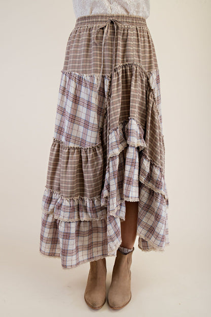 Vintage Plaid Crochet Ruffle Maxi Skirt with Adjustable Waistband